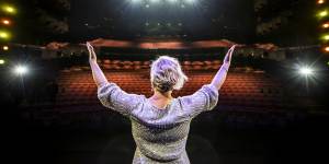 Emma Pask sends her appreciation to the cameras in an empty Joan Sutherland Theatre.