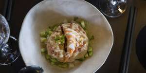 Chairman and Yip kohlrabi and cucumber salad,WA rock lobster and sesame dressing.