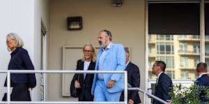 The family drama as good as any Succession script:(From left) Prudence Murdoch,Elisabeth Murdoch and husband Keith Tyson,and James Murdoch at court in Reno,Nevada in September last year.