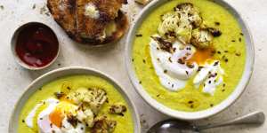 Karen Martini's roasted cauliflower and turmeric soup with yoghurt and poached egg.