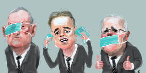 Richard Colbeck,Greg Hunt and Scott Morrison with PPE masks over their eyes,ears and mouth.