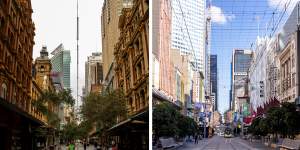 Left:Pitt street mall in CBD in Sydney in April. Right:Melbourne CBD in July. 