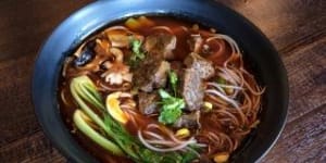 The spicy beef noodle soup served at Tina's Noodle Kitchen in Preston