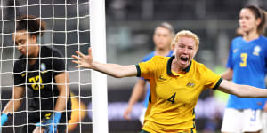 Clare Polkinghorne opens the scoring against Brazil.