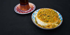 Knafeh and cinnamon tea.