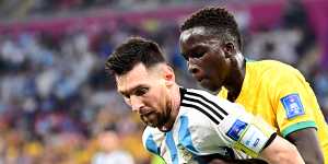 Garang Kuol did well to get a hand on Lionel Messi’s shirt during Australia’s World Cup round-of-16 loss to Argentina in Qatar.