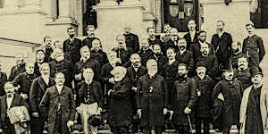 Delegates at the International Meridian Conference of 1884 including Cleveland Abbe (top left) and Otto Struve (top row,third left).