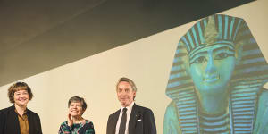 NGV director Tony Ellwood (right) with senior curators Amanda Dunsmore (centre) and Dr Miranda Wallace.