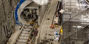 Construction continues at the Westmead metro station site on Friday.