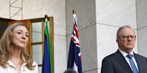 Senator Tammy Tyrrell,left,standing alongside Prime Minister Anthony Albanese on Thursday. 