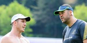 David Pocock chats to Wallabies coach Michael Cheika at the 2019 Rugby World Cup.