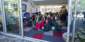 A masked-up music lesson at Canterbury Primary in Melbourne.