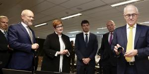 The then PM Malcolm Turnbull and ministers at the opening of the Australian Cyber Security Centre in 2018. 