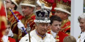 King Charles III departs the Coronation service at Westminster Abbey on May 06,2023 in London,England. 