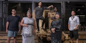 First Nations artists from across Australia and the world are featured in Nirin,the 22nd Biennale of Sydney. From left to right:Adrian Stimson,Latai Taumoepeau,Tony Albert,Mayunkiki and Nicholas Galanin. 