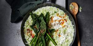 Broccoli risotto topped with kale,harissa oil and goat's curd.