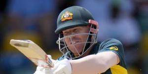 Australia’s David Warner plays a shot against England during the ICC Men’s T20 World Cup.