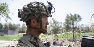 A US Army paratrooper of the 82nd Airborne Division stationed at Hamid Karzai International Airport in Kabul.