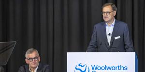 Woolworths chair Scott Perkins and chief executive Brad Banducci (left) at the supermarket giant’s annual general meeting on Thursday.