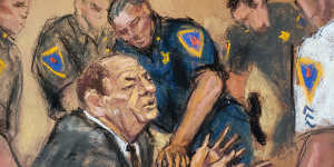 A court sketch of Weinstein being taken into custody after the guilty verdict in his trial last month.