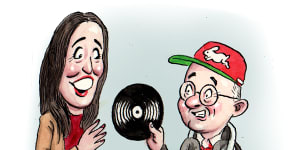 Spinning a tune:Anthony Albanese and Jacinda Ardern.