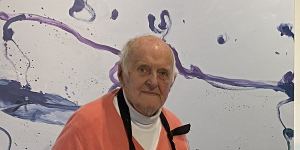 John Olsen continues working daily in his Southern Highlands studio. Here he is with some of his Sydney Harbour inspired work.