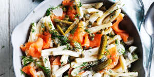 Adam Liaw's pasta salad:Smoked salmon and cornichons with yoghurt,sour cream and dill.
