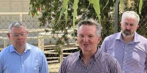 Climate Change and Energy Minister Chris Bowen with Senator Murray Watt (left) and Senator Anthony Chisholm (right) at Rio Tinto’s Yarwun Alumina Refinery in Gladstone. 