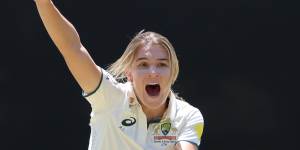Australian bowler Annabel Sutherland celebrates after claiming the wicket of Tazmin Brits.