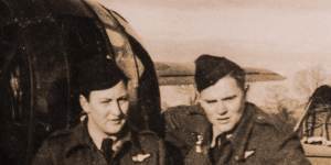 Air force veteran Max Barry (right) with fellow crew member,bomb aimer Tony Matthews,at Church Broughton,west of Derby,in England.