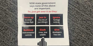 A flyer handed out by the Friends of Ku-ring-gai Environment group about the government’s planned housing changes.