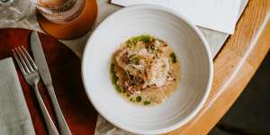 Lakes Entrance fish with grilled oyster mushroom and clam velouté.