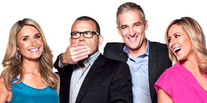 Gagged ... Ten Breakfast hosts Magdalena Roze,Paul Henry,former presenter Andrew Rochford and Kathryn Robinson.