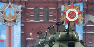 Soviet tanks T-34 roll in Red Square during the Victory Day military parade in Moscow,Russia,Sunday,May 9,2021,marking the 76th anniversary of the end of World War II in Europe.