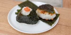 Simple musubi with mentai mayo (cured cod roe and Japanese mayo;left) and shiso leaf covered miso (right).