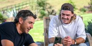 Billy Slater and Ryan Papenhuyzen relax on Slater’s farm this week.