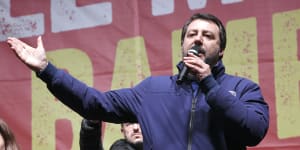 Matteo Salvini of the League speaks to supporters during a campaign event in Bibbiano,Emilia-Romagna,Italy,last week.