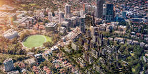 An artist's impression of the"St Leonards South"precinct,showing nearly 2000 homes in buildings up to 19 storeys high in the bottom right. 