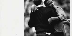 Ellery Hanley is assisted from the field after being tackled by Terry Lamb during the 1988 grand final.