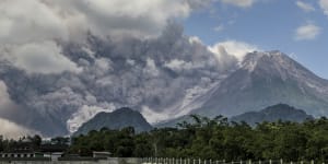 Mount Merapi releases volcanic materials during an eruption in Sleman,Indonesia on Saturday.