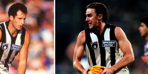 Craig Kelly and Graham Wright in their playing days,part of Collingwood’s 1990 premiership.