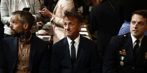From left:Former policeman Michael Fanone,actor Sean Penn and officer Daniel Hodges attend the hearing.