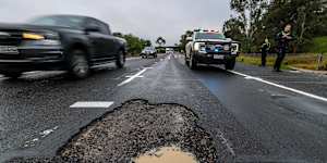 A pothole on the Hume Highway last week caused five cars to suffer flat tyres in rapid succession. There is anger in regional Victoria about the condition of the roads. 