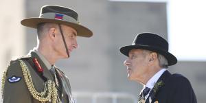 Angus Campbell and Kerry Stokes in discussion ahead of the Anzac Day national service at the Australian War Memorial in 2021.