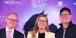 Arts Minister Ben Franklin,Disney Australia managing director Kylie Watson-Wheeler,and director Matt West attend Sydney’s Capitol Theatre on Thursday for the announcement of Beauty&the Beast.