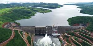 An aerial view of the Chinese-built Souapiti Hydropower dam in Guinea.