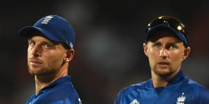 England duo Jos Buttler (left) and Joe Root during their Cricket World Cup clash with Sri Lanka.