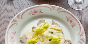 Vitello tonnato,with poached veal,tuna,capers and lemon.