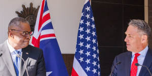 US Secretary of Defence Lloyd Austin and Australian Deputy Prime Minister Richard Marles in Brisbane on Friday.