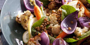 Warm roast veggie salad with lemony lentils.